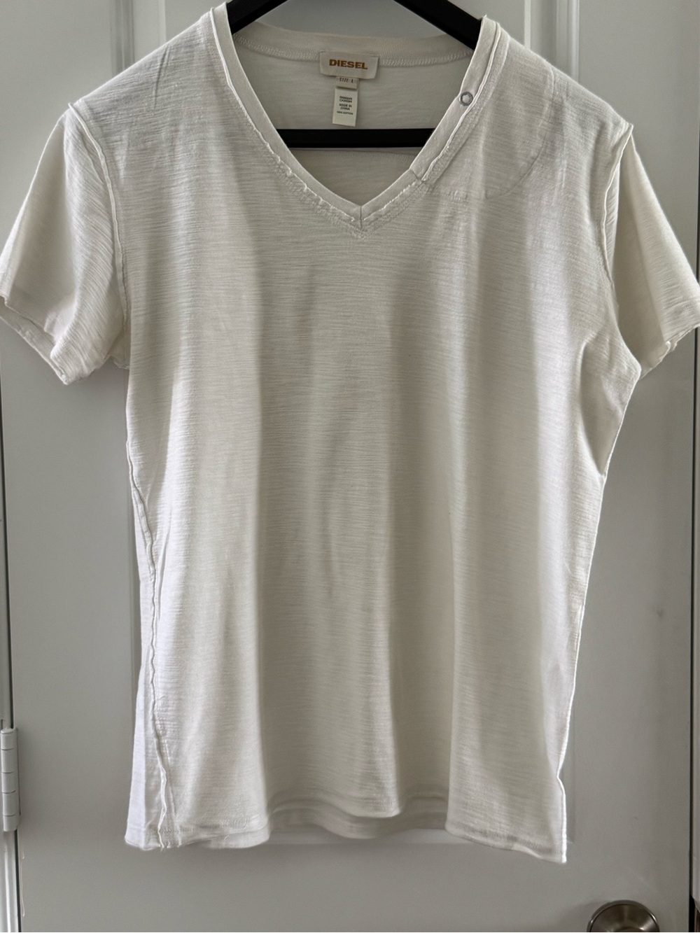 Diesel White V-Neck Short Sleeve T-Shirt Size L 100% Cotton Casual Wear